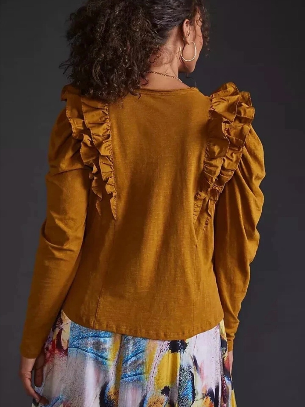 Anthropologie Ruffled V-Neck Top Long Sleeve Cotton Pullover Blouse Brown - Picture 2 of 8